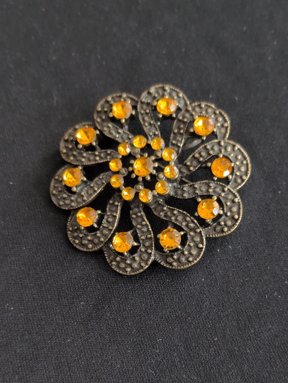 Vintage-Inspired Floral Brooch/Pendant with Amber Color Crystals